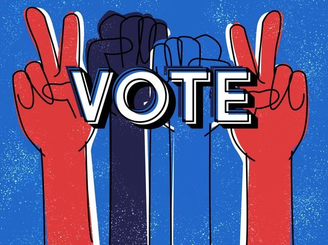 photo 1 Vote with fists and hands making peace signs behind it